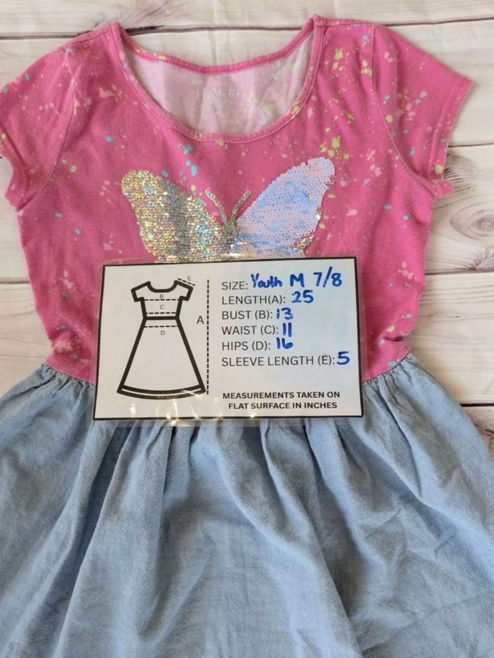 Children's Place Girl's Dress Pink Cotton Blue Butterfly - Medium 7/8 Sequin - Picture 3 of 12